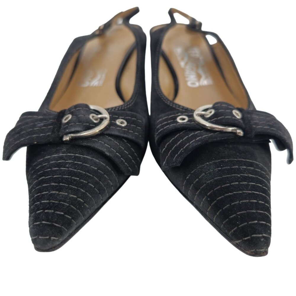 Vintage Salvatore Ferragamo Black Striped Suede Formal Slingback Kitten Heel 8AA - Picture 13 of 16